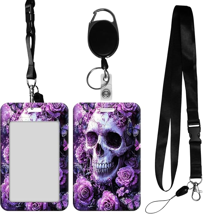 ID Badge Holder with Retractable Lanyard for Women & Men,Vertical ID Card Holder Wallet,Clear Window&Card Slot,Detachable Neck Strap for Nurse Teacher Office,Skull Purple Roses Butterflies