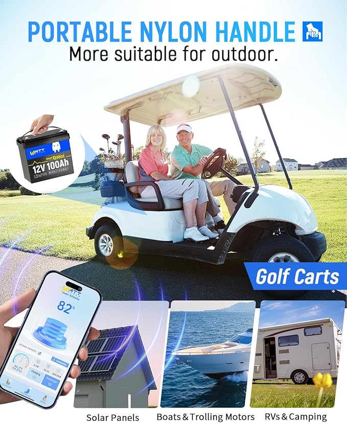 Wattcycle 12V 100Ah LiFePO4 Lithium Battery with Bluetooth,12V Mini 100A Smart BMS, BCI Group 24, Support Monitoring Battery via Phone Bluetooth 15000 deep Cycles