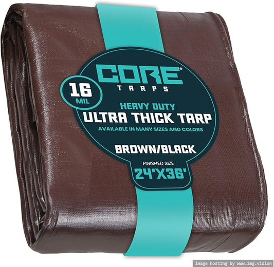 Core Tarps Extra Heavy Duty 16 Mil Tarp Cover, Waterproof, UV Resistant, Rip and Tear Proof, Poly Tarpaulin with Reinforced Edges for Roof, Camping, Patio, Pool, Boat (Brown/Black 24′ X 36′)