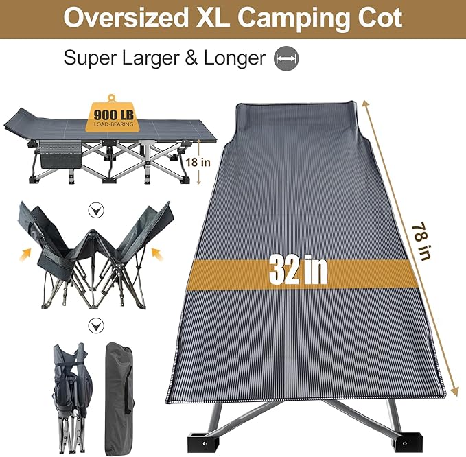 DoCred Oversized XXL Folding Camping Cot with Mattress, 2 Pack Heavy Duty Sleeping Cot Bed Portable Adults Outdoor Bed with Carry Bag, Travel Camp Cots
