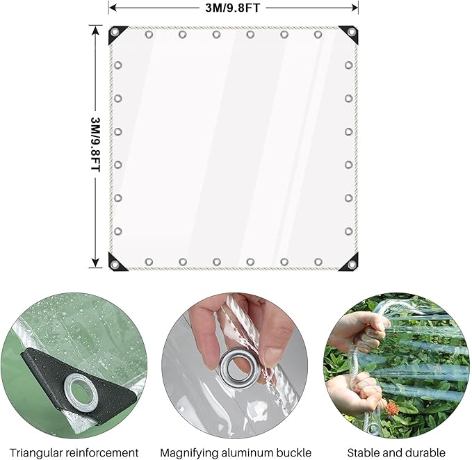 Clear Tarps Heavy Duty Waterproof, 15Mil Transparent PVC Vinyl Tarpaulin with Grommets, Ropes, Reinforced Edge, Tear-Resistant, Anti-UV for Greenhouse, Patio, Garden, Porch, Pavilion, Outdoor