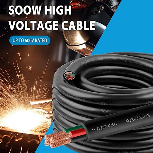 20ft 4/4 4 AWG Portable Power Cable (4 Conductor) - SOOW 600V 4 Gauge Electric Wire for Motor Leads, Portable Lights, Battery Chargers and Machinery - 4 Conductor - 20 Feet Electrical Cord