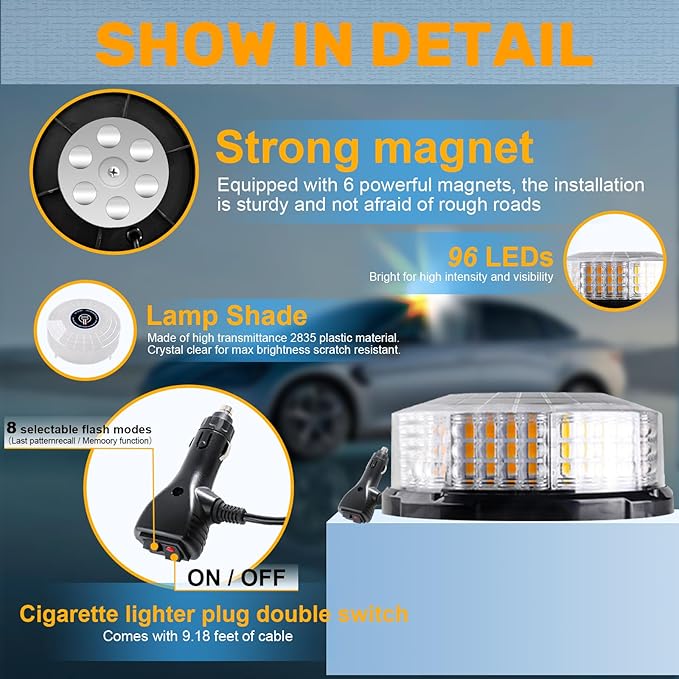 1PCS LED Strobe Beacon Light, Magnetic Beacon Flashing Safety Warning Emergency Light for Vehicles, Trucks, Forklift, Tractors, Golf Carts, Car, Tow, Cigarette Lighter Plug (Amber&White)