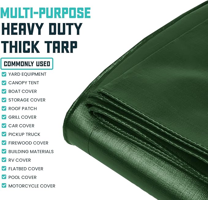 Core Tarps Extra Heavy Duty 16 Mil Tarp Cover, Waterproof, UV Resistant, Rip and Tear Proof, Poly Tarpaulin with Reinforced Edges for Roof, Camping, Patio, Pool, Boat (Green/Black 12′ X 25′)