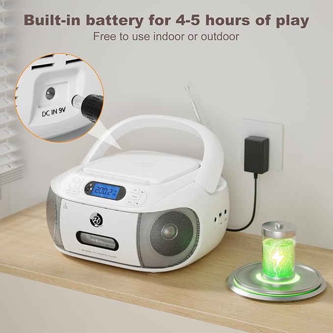 CD Cassette Player Combo, Hernpark Rechargeable Boombox with Bluetooth 5.1, CD Player with Remote Control, Tape Recording, FM Radio, Super Bass, Stereo Sound, Aux/USB Drive, Headphones Jack -White