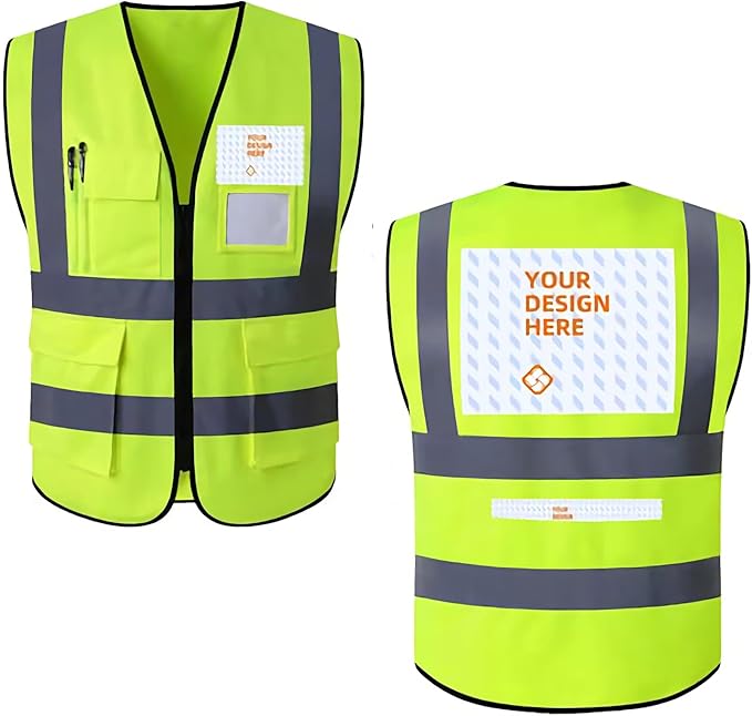 Custom Safety Vest Personalized Logo Hi Vis Reflective Zipper Work Vest with Pockets Fluorescent Yellow Class 2