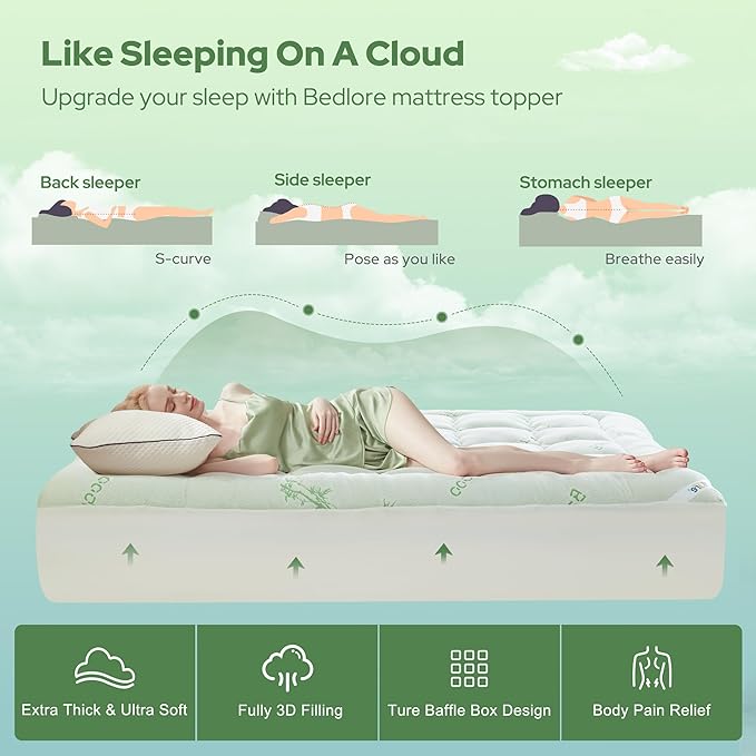 BEDLORE Queen Mattress Topper Viscose Derived from Bamboo, Thick Pillow Top Mattress Pad with Stretchable Pockets for 6-18 inches Mattress, Soft Mattress Topper for Back Pain Relief