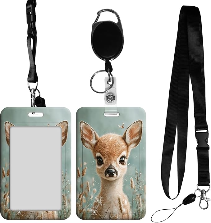 ID Badge Holder with Retractable Lanyard for Women & Men,Vertical ID Card Holder Wallet,Clear Window&Card Slot,Detachable Neck Strap for Nurse Teacher Office,Deer Butterfly Cute