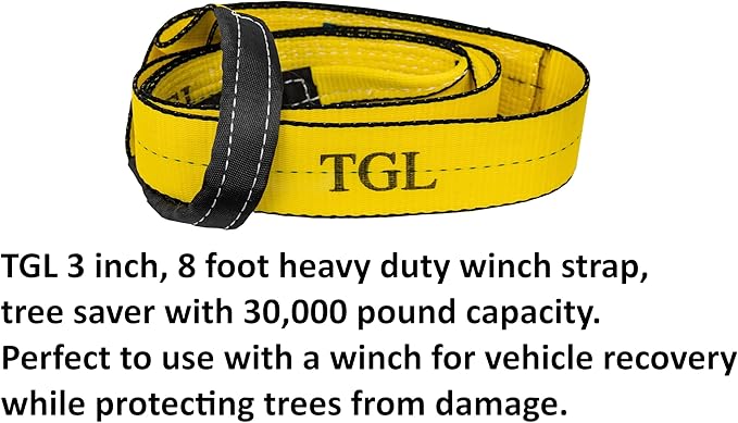 TGL 3 inch, 8 Foot Tree Saver Strap, Recovery Short Tow Strap with Loops, Winch Extension. 30,000 lbs MBS. Truck, UTV, ATV - Compatible with Jeep Accessories, Ford, Toyota