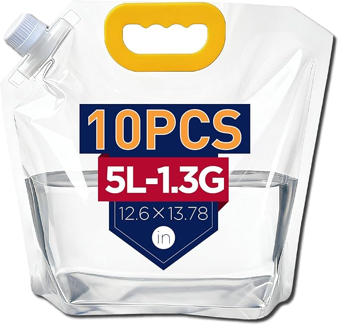 10 Pack 1.3 Gallon Collapsible Water Container Bag, Freezable Plastic Water Storage Pouch with Handle,No-Leak Foldable Water Jug for Sport Camping Emergency Hike Riding Mountaineer,BPA-Free