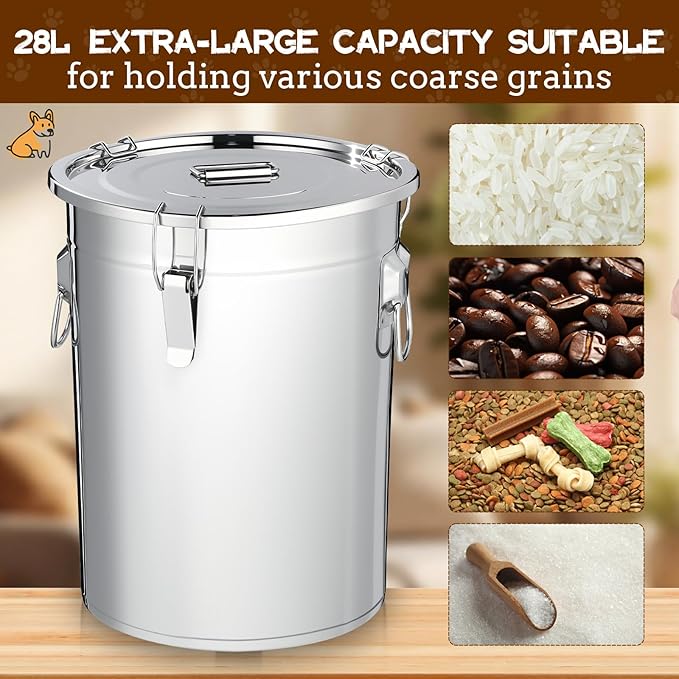 Lounsweer 2 Pack 7 Gal Stainless Steel Dog Food Storage Container with Lid and Locking Clamp 28 L Metal Airtight Container Large Stainless Steel Bucket with Food Scoop for Pet Feed (Classic)