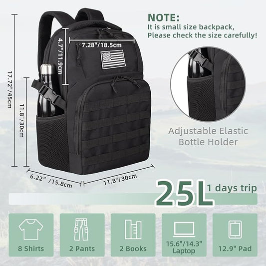 Small Military Tactical Backpack for Men, Travel Hiking Black Backpack with Bottle Holder on Both Sides, 25L Laptop Backpack for Work, Men's Assault Bag Back Pack
