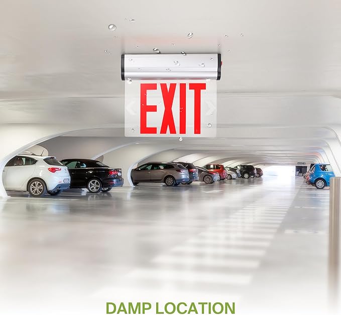 ASD LED Exit Sign with Battery Backup - 120/277V UL 3W Transparent Rotatable Emergency Exit Light for Business, Commercial Hardwired Damp Location Power Outage Lights, Red
