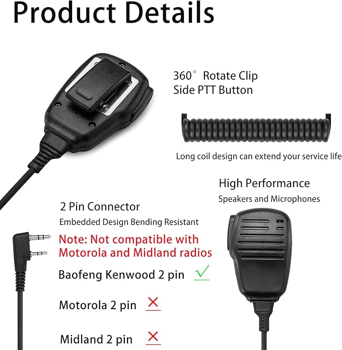SAMCOM Shoulder Mic of Walkie Talkies, Two Way Radio Speaker Microphone, Handheld Walkie Talkie Microphone for Most 2 Way Radios, 2 Pin Radio Mic with PTT (2 Pack)