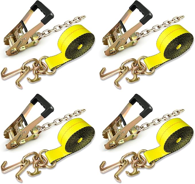 4PCs Towing Recovery Winch Strap w/RTJ Cluster Hook 2" x12', with 4PCs Ratchet Chain Tail, 10000LBS Recovery Towing Truck Straps, Towing Truck Car Trailer Winch Wrecker Tie Down Straps
