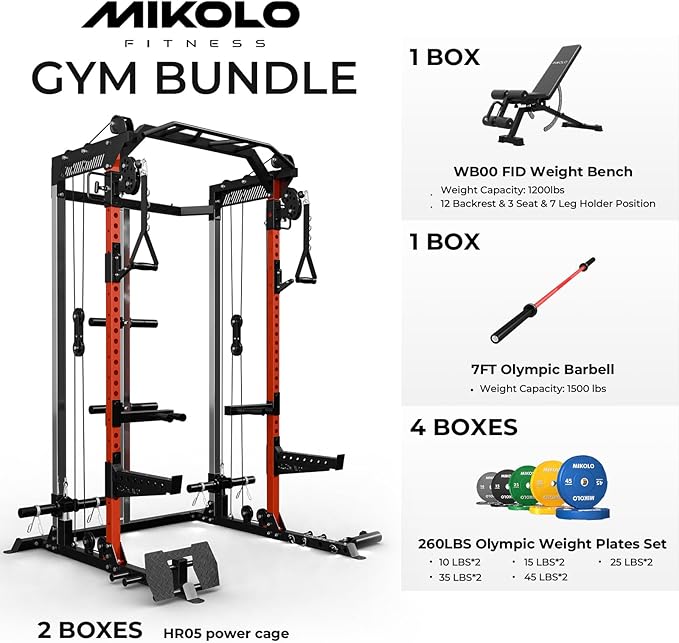 Mikolo Power Cage, 2000LB Power Rack with Independent Dual Pulley System, Multi-Function Home Gym Workout Machine for Cable Crossover