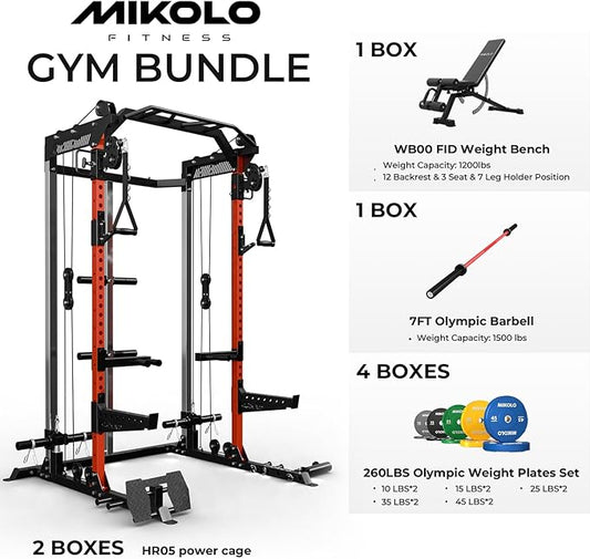 Mikolo Power Cage, 2000LB Power Rack with Independent Dual Pulley System, Multi-Function Home Gym Workout Machine for Cable Crossover