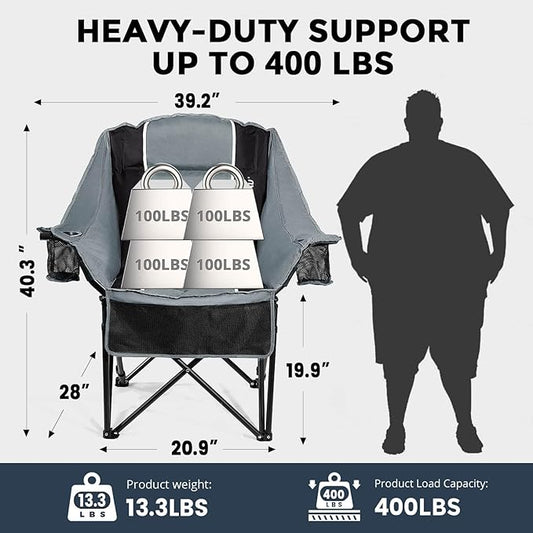 Oversized Folding Camping Chair for Adults Heavy Duty Padded Outdoor Chairs Big and Tall XL Picnic Chair with Cup Holders 400lb Capacity, Comfy for Lawn Sports and Outside Use