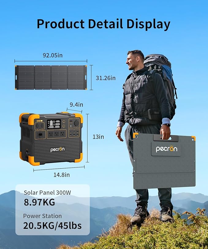Pecron E2400LFP Portable Solar Generator and 300W Foldable Solar Panel, 2048Wh LiFePO4 Home Battery Backup, 3 AC Outlets 2400W Portable Power Stations for Camping, RV, Emergencies, Power Outages