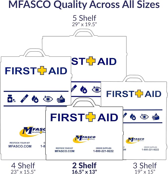 MFASCO 2 Shelf First Aid Cabinet - ANSI/OSHA Class B Type I & II - Medi First Brand Bandages - Carry or Wall Mount - Easy Restock & Refill - - White Enamel Finish - 226 Pcs - 16"x11"x4 7/8"