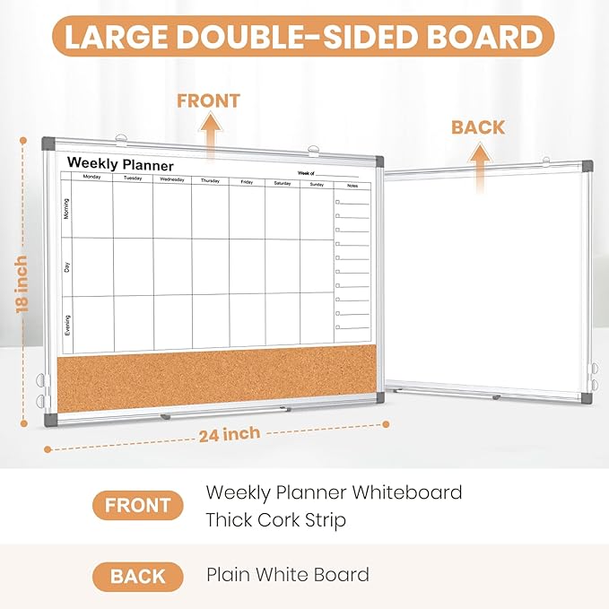 Weekly Dry Erase Calendar Whiteboard for Wall, 24" x 18" Double-Sided Weekly Planner White Board Cork Combo, Hanging & Wall Mount Week Bulletin Board with Notes for Home, Office, School, Kitchen