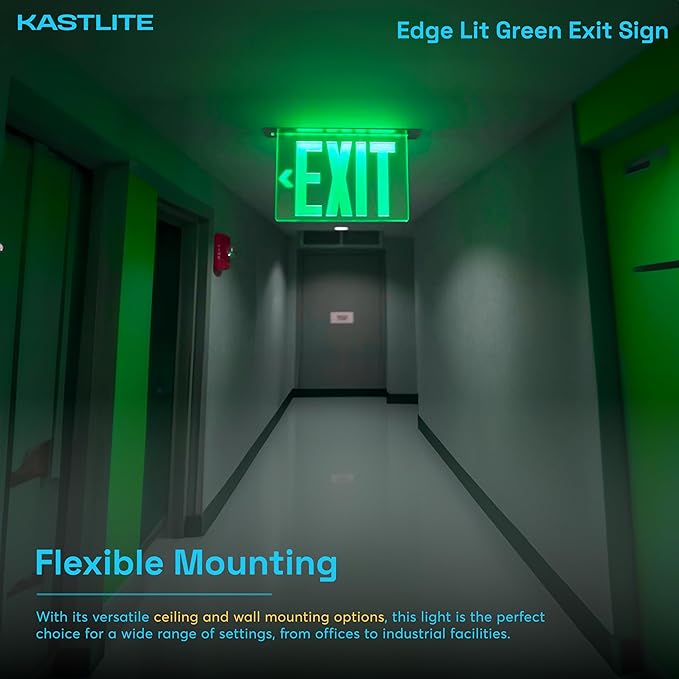 KastLite LED Emergency Edge-Lit Exit Sign, 180 Min Backup, Damp Rated, Green Letters, UL Listed, 120/277V, Acrylic Panel - 4 Pack