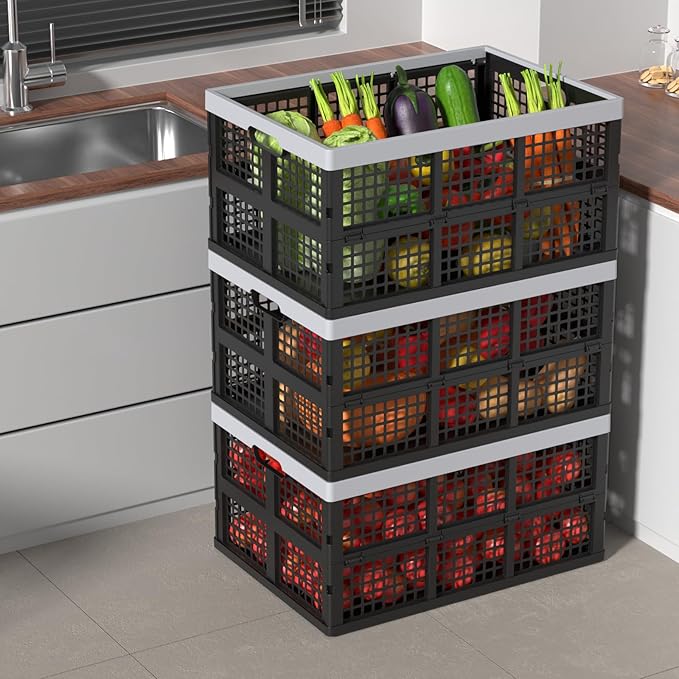 Xyskin 66 L Plastic Folding Storage Crate, Stacking Crate, Portable Collapsible Storage Basket, 4 Packs