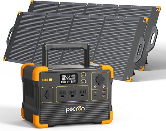 Pecron E600LFP Portable Solar Generator with 2x200W Solar Panel, 614Wh LiFePO4 Battery Backup, Power Station for Camping, Emergency, RV, Off-Grid Living