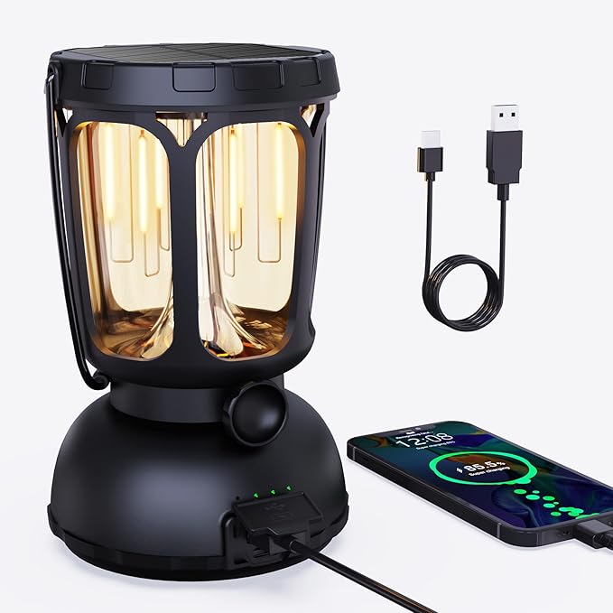 Raynic 6000 LED Camping Lantern Rechargeable, 650LM Hand Crank Solar Camping Light, Portable Battery Powered Lantern for Emergency, Power Outage, Hurricane, Outdoors