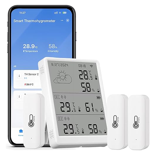 WiFi Hygrometer Thermometer: Digital Indoor Temperature Humidity Monitor with Sensors Kit, Smart Temperature Sensor with App Alerts, Data Storage & Export,Compatible with Alexa (1Base Station+3Sensor)