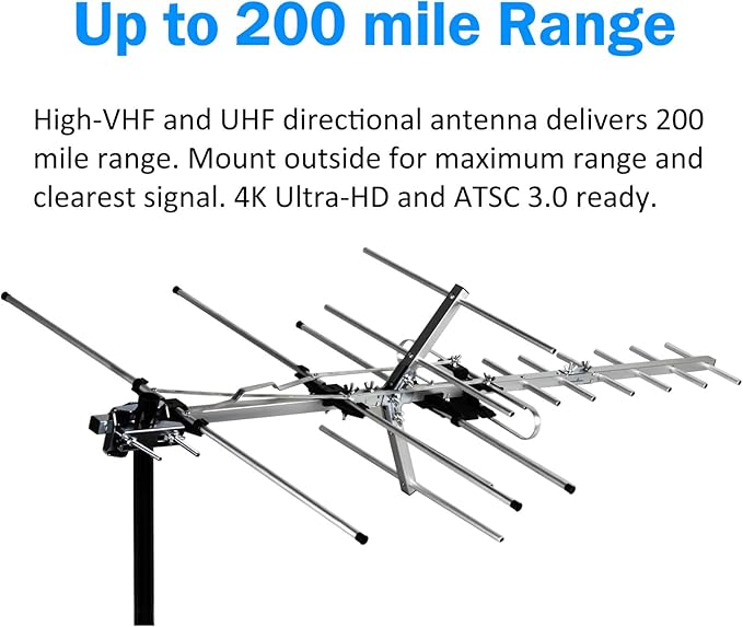 Five Star Yagi Satellite HD TV Antenna up to 200 Mile Long Range, Attic or Roof Mount Digital OTA TV Antenna for 4K Supports 4 TVs Installation Kit & Mounting Pole, Radio/FM Antenna