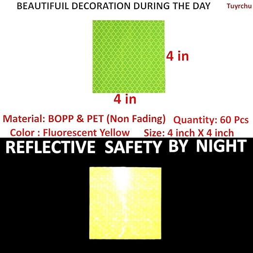 Fluorescent Reflective Stickers 4 inch X 4 inch, Outdoor Waterproof High Visibility Warning Safety Adhesive Reflector (60 Pcs)