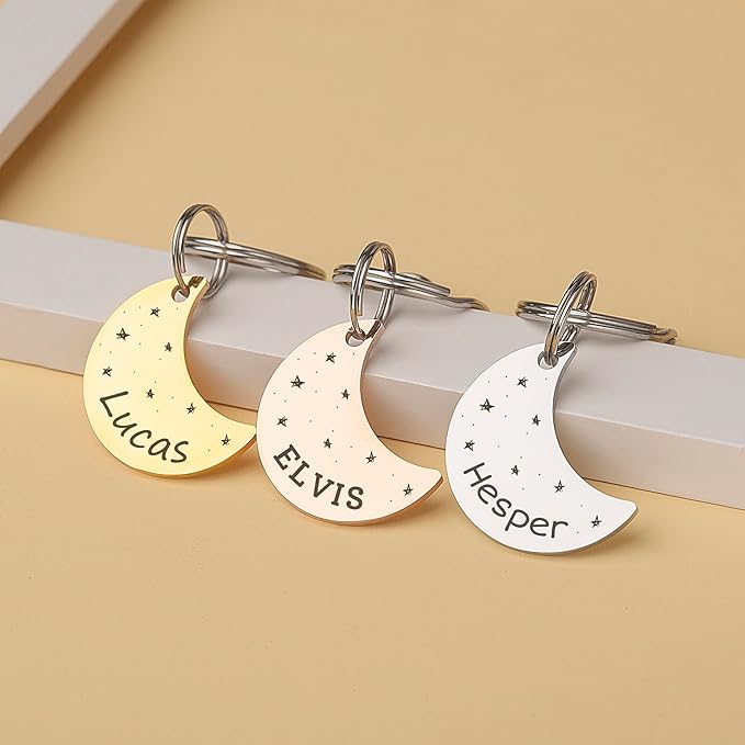 Anavia Small Size Dog Cat ID Tags, Small/XS Personalized Color Plated Stainless Steel Puppy Kitten Name Tags, Customized Engraved Nameplate Pet Collar Tag (Rose Gold, Moon)
