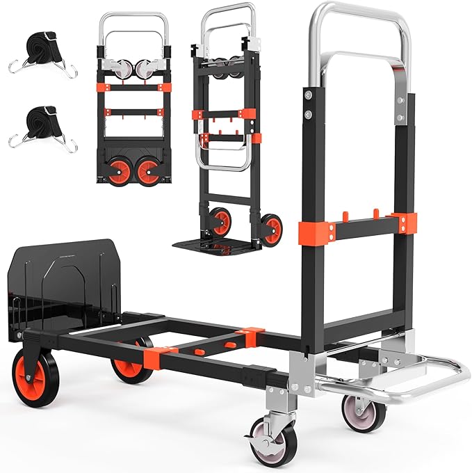 3-in-1 Heavy Duty Folding Hand Truck, 500LB Capacity Convertible Steel Dolly Cart with 360° Swivel Wheels & Telescopic Handle, Foldable Utility Wagon for Moving, Warehouse and Shopping