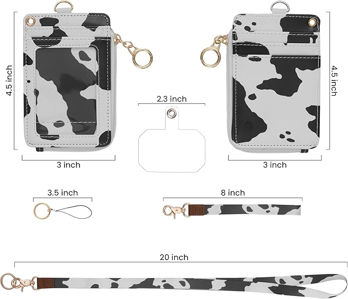 2-in-1 ID Badge Holder & Lanyard Wallet - Multi-Use Womens Small Wallet with Removable Wristlet & Neck Lanyard, Clear Window, 5 Card Slots, Phone Holder, Ring Keychain - Cow