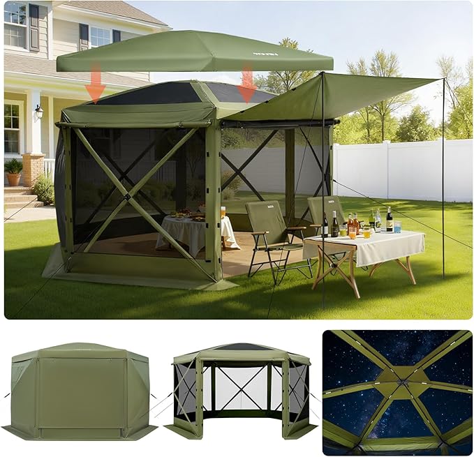 VEVOR Pop up Gazebo Screen Tent, 12 x 12 ft Large 6-Sided Camping Canopy Tent with Removable Top & Carry Bag, Quick-Set & Bite-Proof, Screen House Sun Shelter for 8-10 Persons Backyard Patio, Green