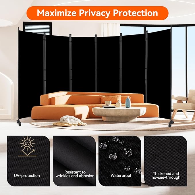 Room Divider 132''W Wall Divider for Room Partition (Heavy Duty Base) 6 Panel Partition Room Dividers, Freestanding Room Divider Screen Separation W/Wheel Folding Privacy Screen Panel Space Separator