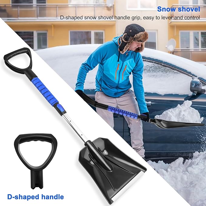 Blue Car Snow Brush and Shovel Kit, 42" Extendable Ice Scraper with 180° Pivoting Head & Ergonomic Grip - 39" Collapsible Emergency Snow Shovel for Car, SUV, Truck