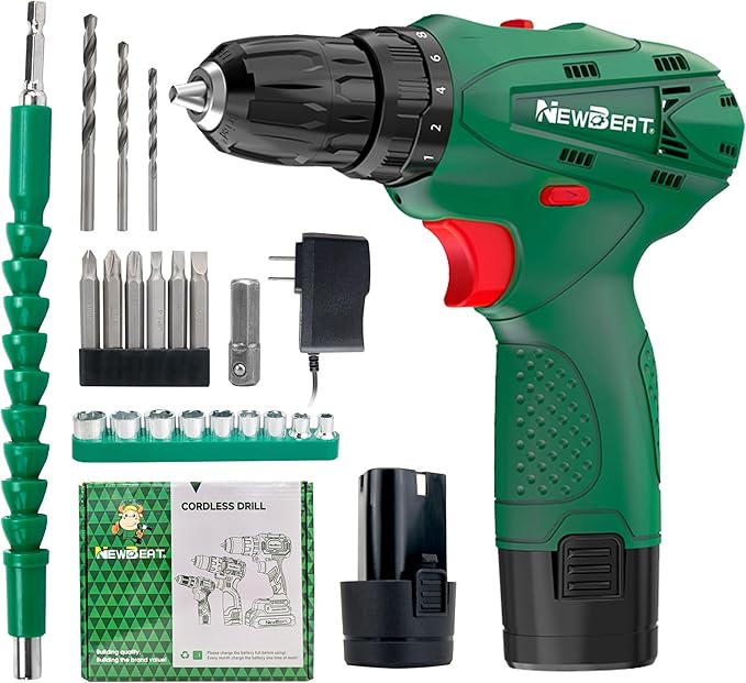 Power Drill Set, 12V Cordless Drill with 2 Battery and Charger, 2 Variable Speed, 18+1 Torque Setting, Tools for Home and DIY Project