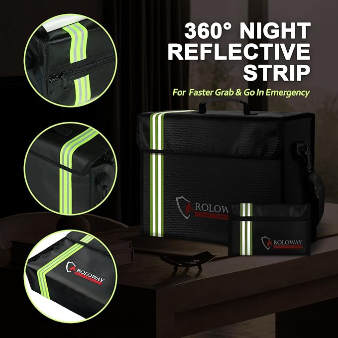 ROLOWAY Large Fireproof Bag 5200℉ Heat Insulated (17 x 12 x 5.8 inches) with Reflective Strip, Fireproof Document Bag for Cash Safe and Document Safe