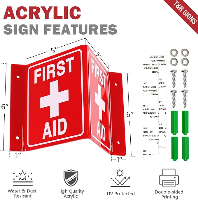 T&R First Aid Sign, First Aid with Cross Symbol - 4 Pack - 8 x 6 Inches Acrylic, 4 pre-drilled holes, Includes Matching Screws, Use for Office/Business