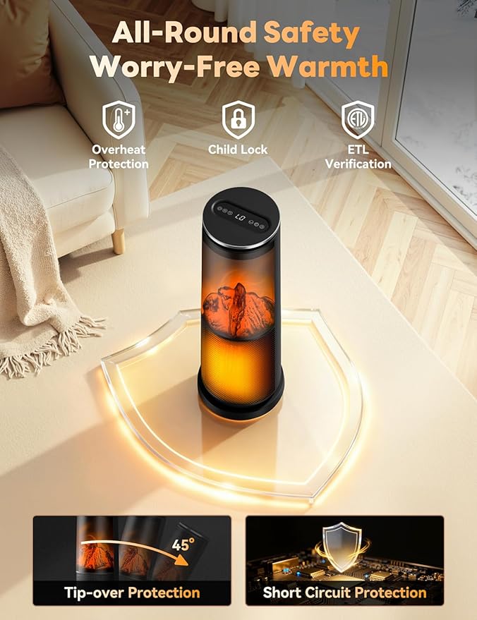 Manastin Space Heaters for Indoor Use, 120° Oscillation Electric Heater with Remote, Adjustable Thermostat, Flame Effect, 24H Timer, Safety Protection, Portable Heater for Large Room, Office