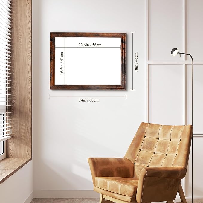 4 THOUGHT Dry Erase Board, 24" x 18" Magnetic Whiteboard Brown Vintage Wood Frame Wall-Mounted White Board Decorative Notice Board School, Office, Home, 8 Magnets 4 Markers 1 Eraser