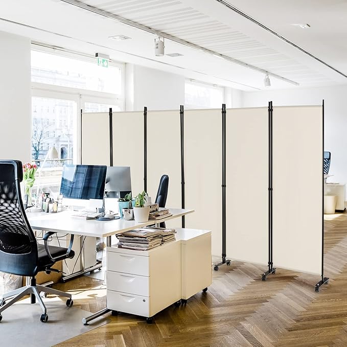 Giantex 6 Panel Room Divider, 132''W x 68''H Large Folding Privacy Screen, Rolling Partition Room Dividers for Home Office Studio Separation, Freestanding Fabric Wall Divider Screen on Wheels, Beige