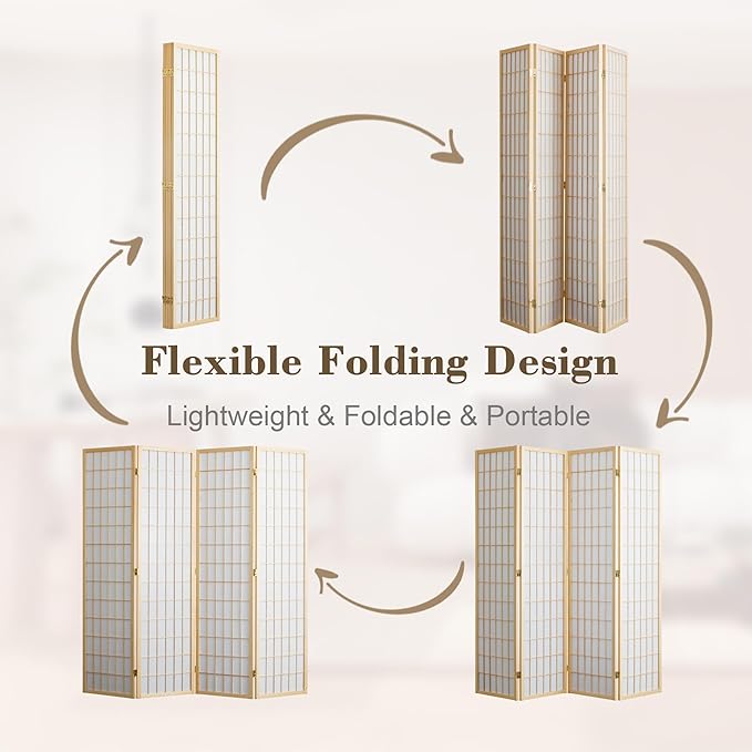 WelFurGeer 4 Panel Room Divider, Folding Privacy Shoji Screens, Room Partitions and Dividers, Decorative Room Dividers, Wall Dividers for Room Separation, Japanese Wood Room Divider for Home (Natural)