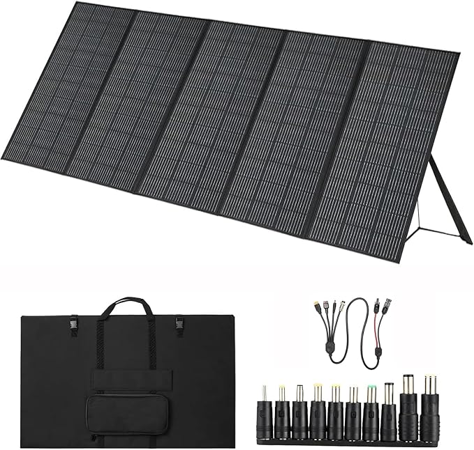 500W Portable Solar Panel for Power Station, 48V Foldable Solar Power Panels 25% High Efficiency IP68 Waterproof with 10ft 4-in-1 Cable and 10×DC Adapter, Folding Solar Panels Blanket for Camping RV