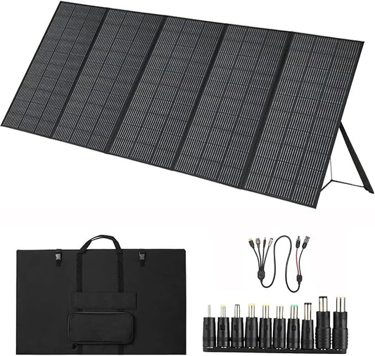 500W Portable Solar Panel for Power Station, 48V Foldable Solar Power Panels 25% High Efficiency IP68 Waterproof with 10ft 4-in-1 Cable and 10×DC Adapter, Folding Solar Panels Blanket for Camping RV