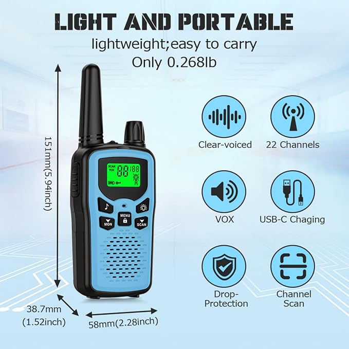 Rechargeable walkie talkies for Adult walkie talkies Long Range, 22 Channel FRS 2-Way Radios Walky Talky with LED Flashlight for Climbing, Camping Trip and Family Emergency Kit(2 Pack Blue).