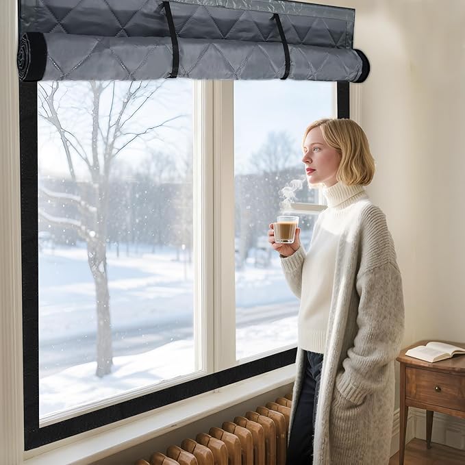 Winter Insulated Window Cover 47in x 63in Thermal Insulated Window Cover 3 Layer Oxford Cloth Cotton Windows Blanket Heavy Duty Windows Insulation Kit for Winter to Keep Warm, Gray