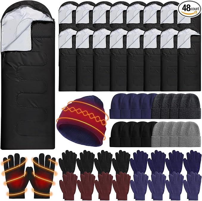 48 Pcs Sleeping Bags for Homeless Winter Beanies Gloves for Homeless Donation Shelter Season Warm Sleeping Bag Bulk with Sack Fleece Gloves and Hat for Cold Weather Emergencies Charity